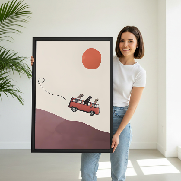 Woman holding large boho dogs road trip framed canvas art size reference