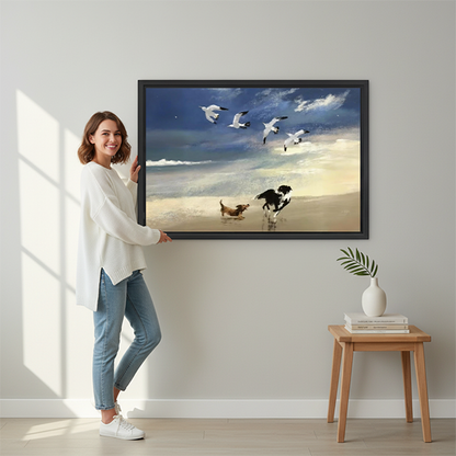 Woman holding large framed beach dogs seagulls canvas wall art