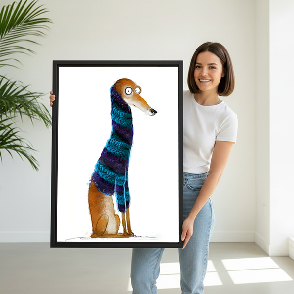 Smiling woman holding large funny greyhound striped scarf whimsical watercolor framed canvas print to show size in bright white room with palm plant