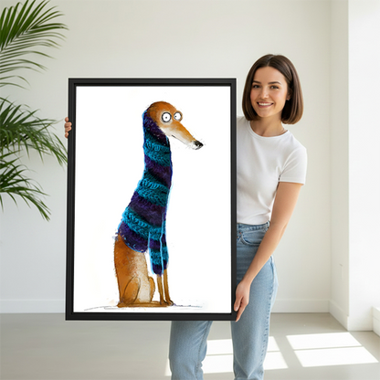 Smiling woman holding large funny greyhound striped scarf whimsical watercolor framed canvas print to show size in bright white room with palm plant