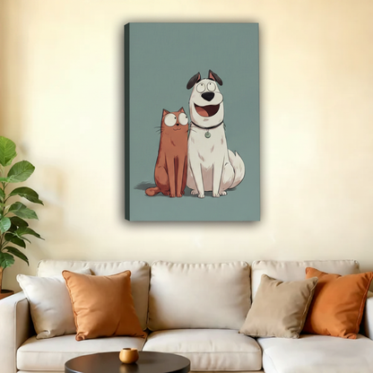 Funny orange cat and white dog best friends cartoon float frame canvas wall art above cream sofa with orange cushions in warm modern living room