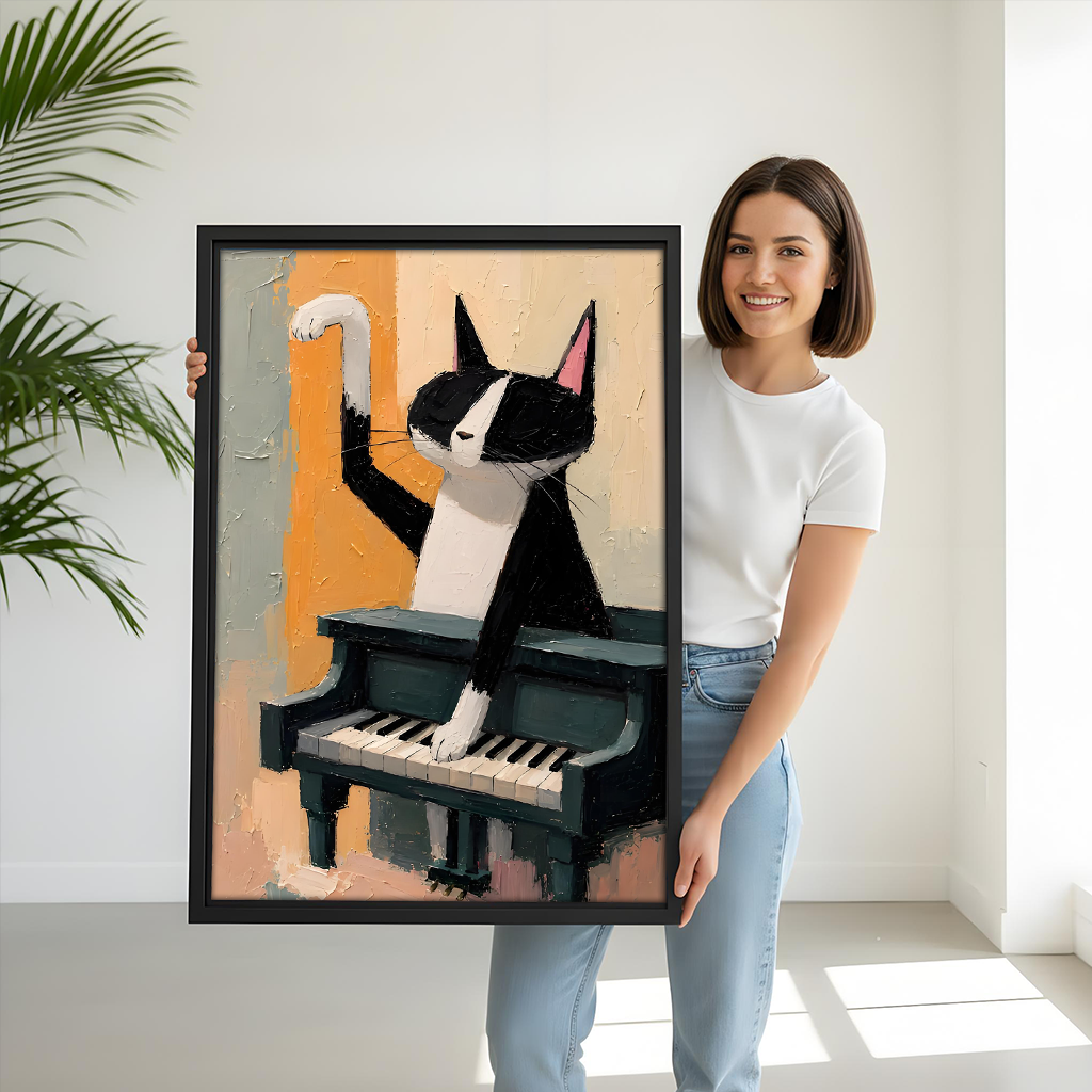 Woman Holding Tuxedo Cat Playing Piano Framed Art Print Size Reference