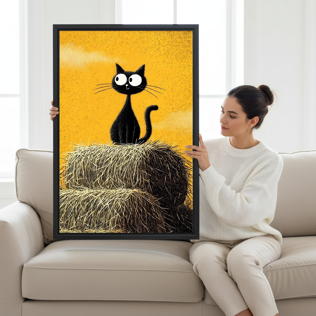 Woman holding large black cat haystack framed canvas wall art with yellow background