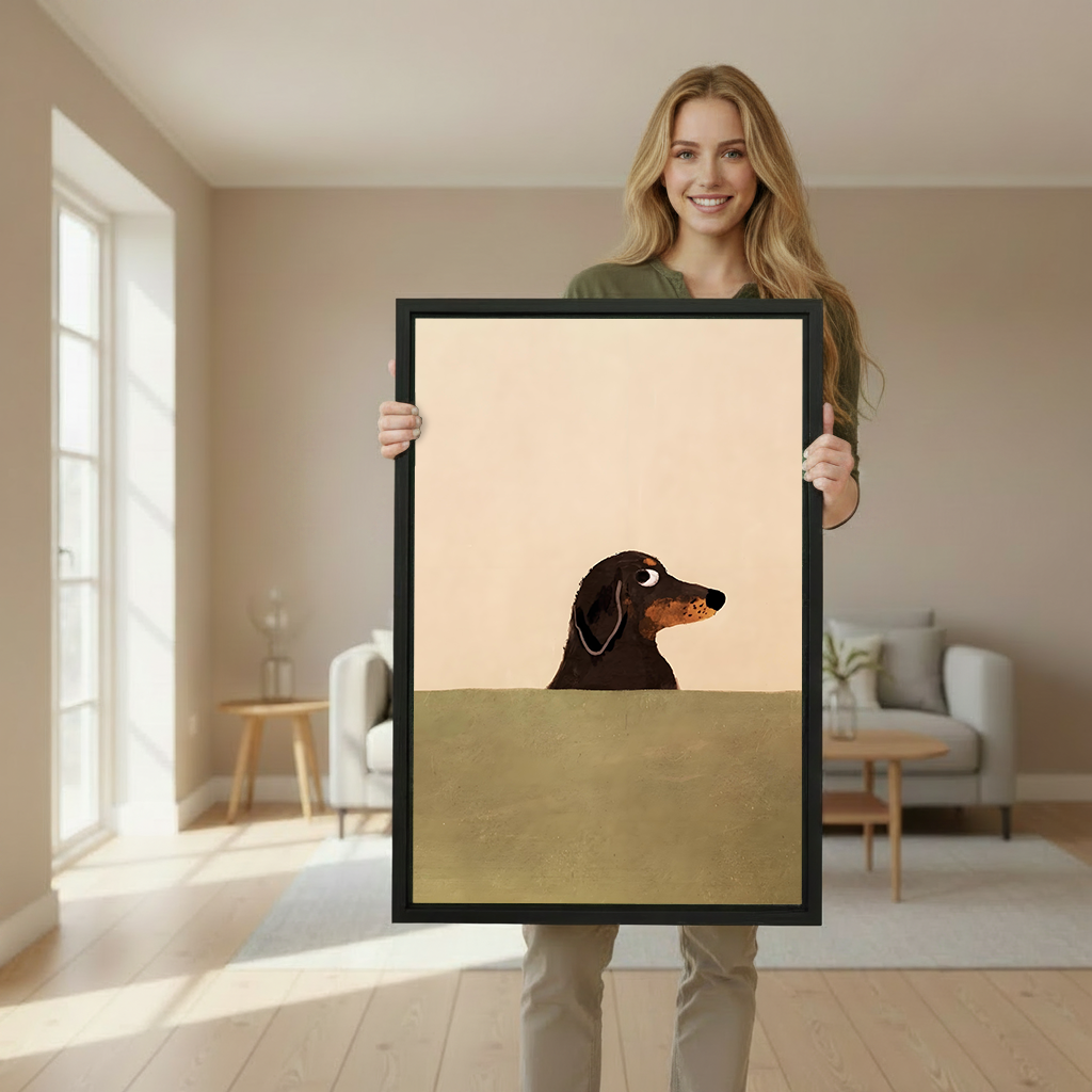 Woman holding large minimalist dachshund framed print in bright Scandinavian style interior