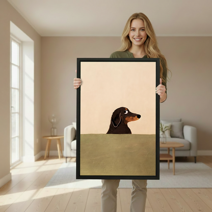 Woman holding large minimalist dachshund framed print in bright Scandinavian style interior