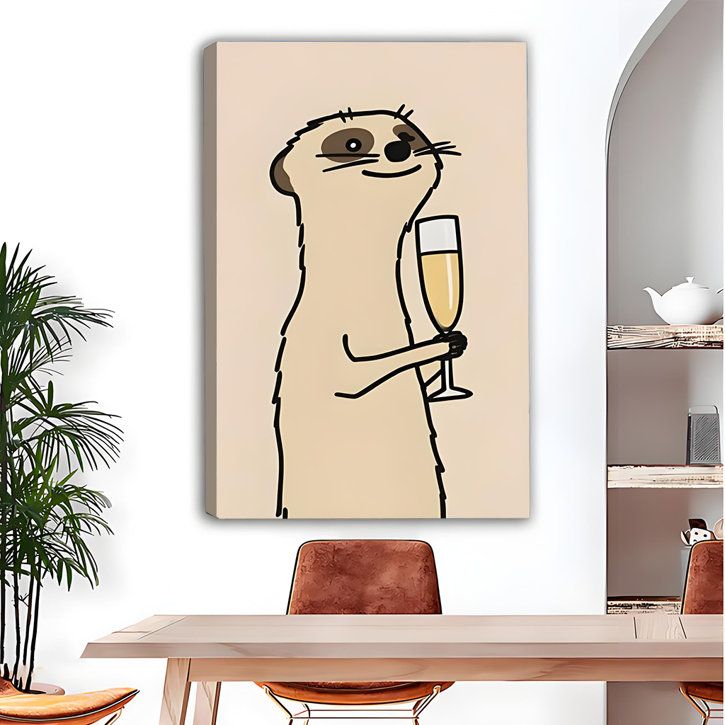 Meerkat champagne canvas wall art in a black frame on a white wall beside a wooden bunk bed and toy shelf