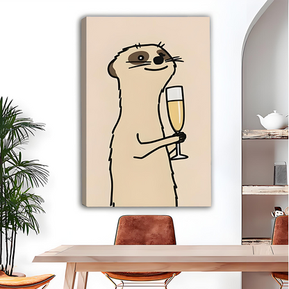 Meerkat champagne canvas wall art in a black frame on a white wall beside a wooden bunk bed and toy shelf