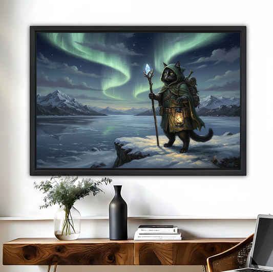 Fantasy Cat Adventurer Canvas Art - Northern Lights Mountain Print| Liberty Signs #L294