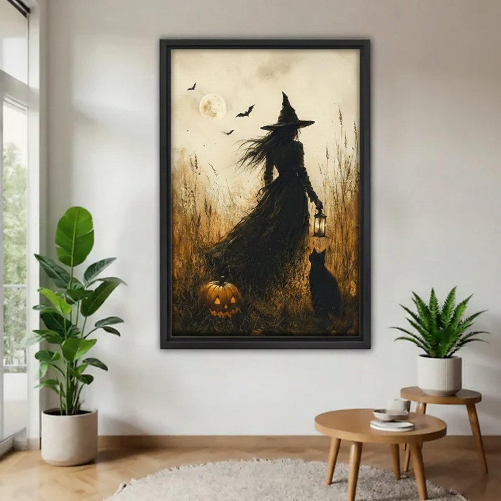 Gothic witch framed canvas wall art in entryway, vintage print with moon bats and jack-o-lantern