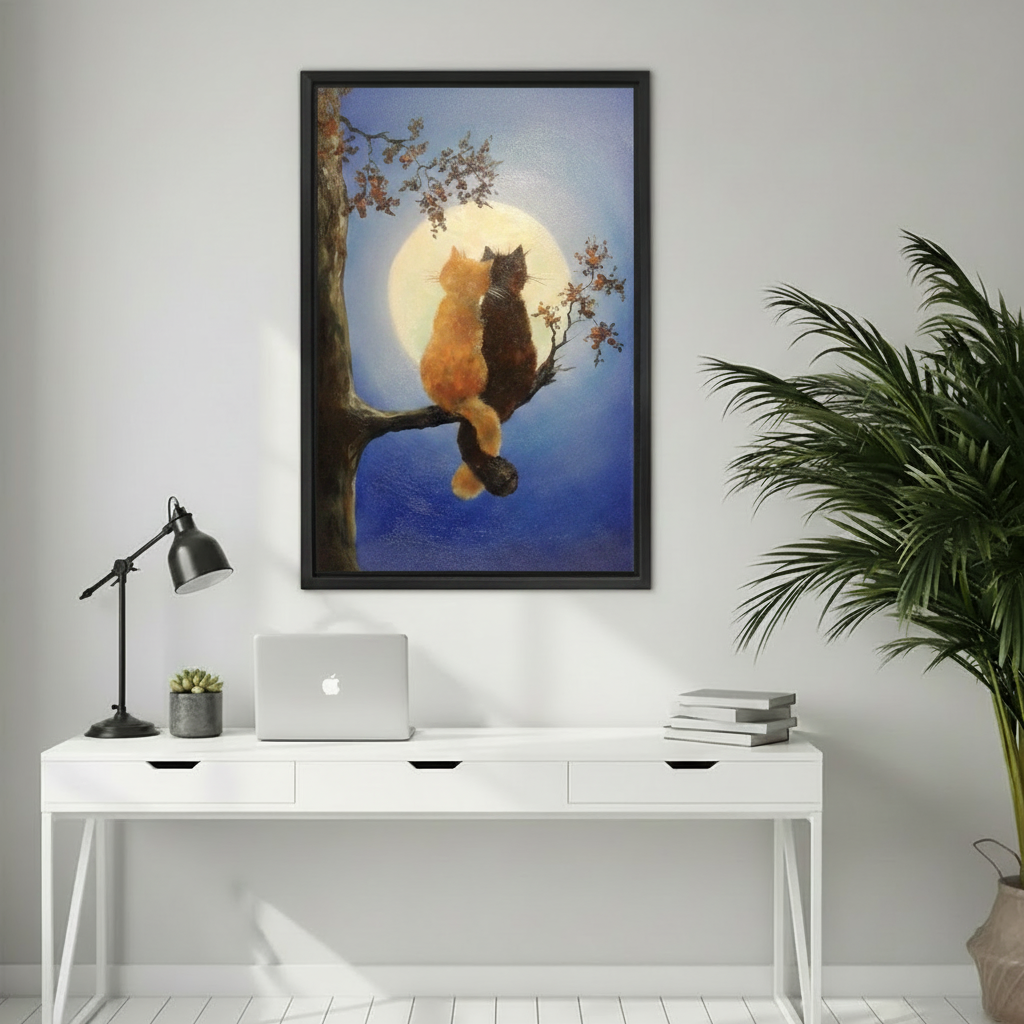 Moonlight Cats Romantic Framed Canvas Wall Art l2033