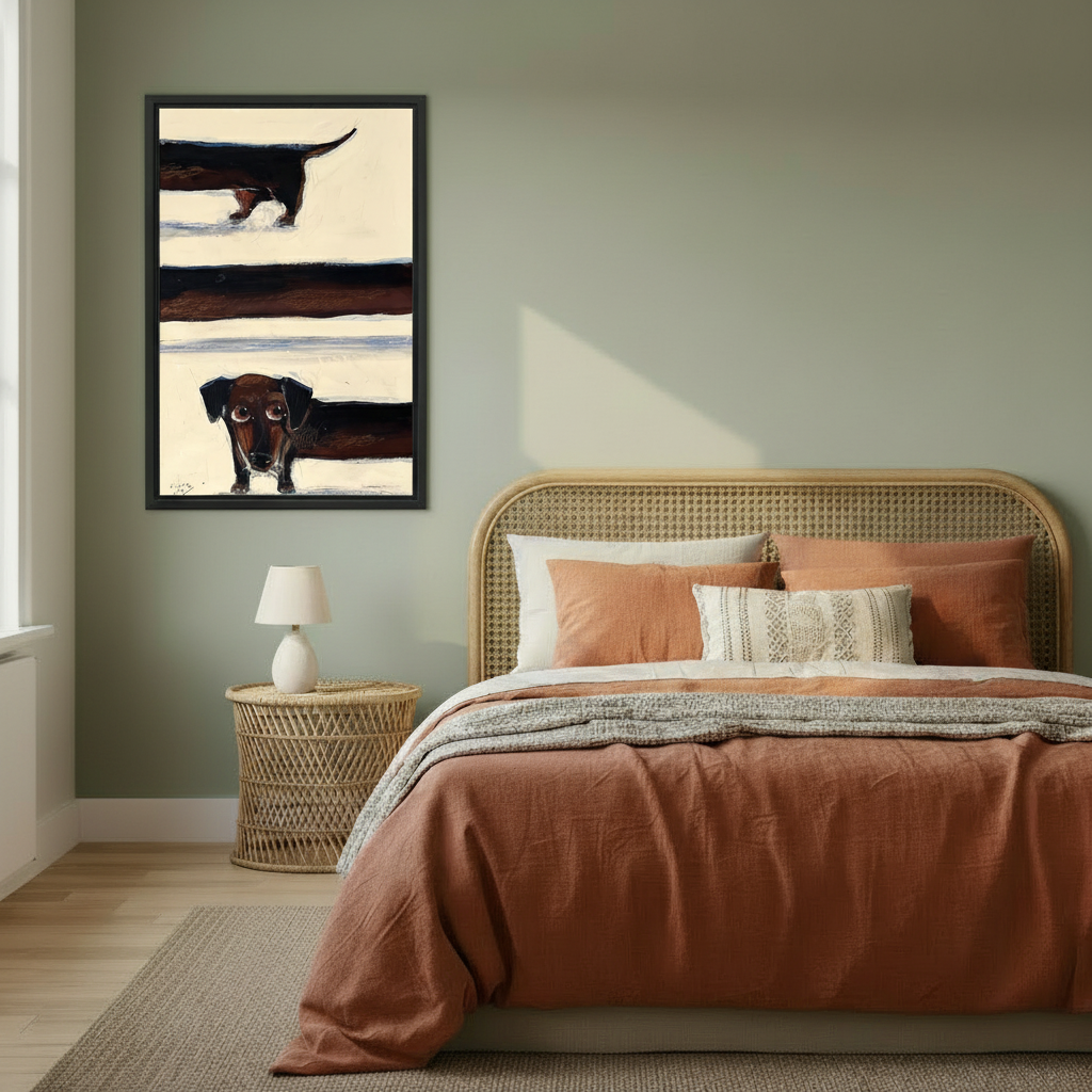 Wiener dog peeking wall art print in black frame above boho bedroom bed