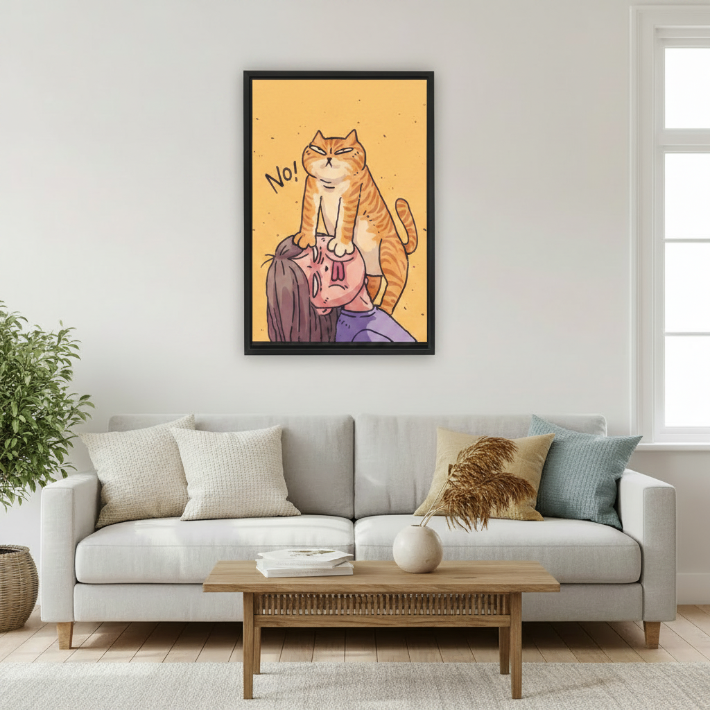 Funny orange cat says No framed canvas wall art displayed above sofa in modern living room