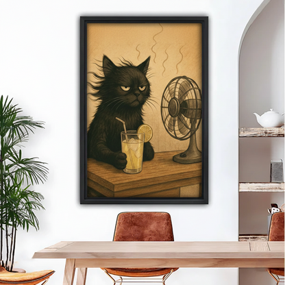 Grumpy black cat with electric fan and lemonade funny retro framed canvas wall art in dining room
