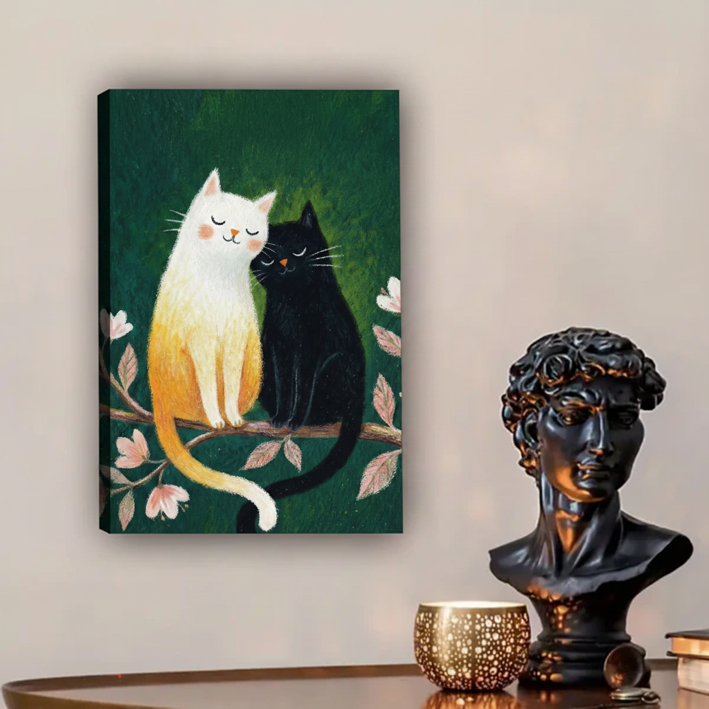 Gallery wrap canvas wall art featuring romantic cat couple on floral branch, shown as frameless wrap against neutral wall decor
