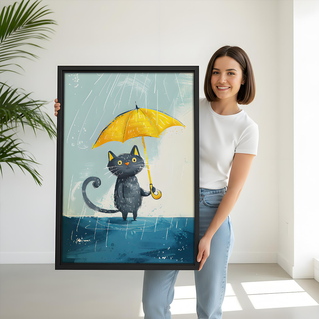 Woman holding large framed cute black cat yellow umbrella art print, kids room wall decor gift