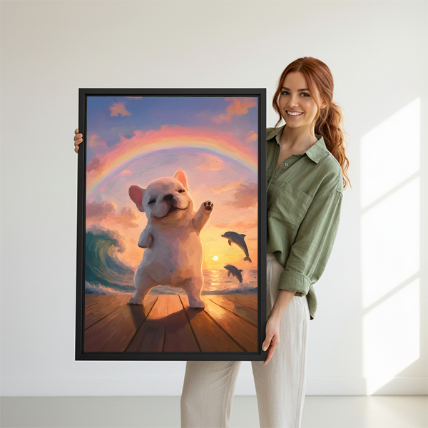 Woman holding large joyful French bulldog rainbow sunset framed wall art print