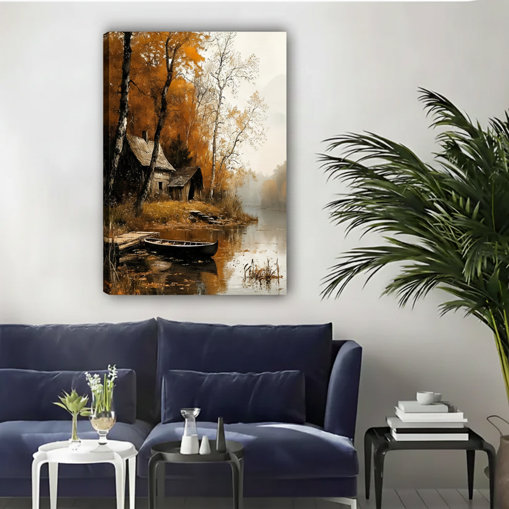 Autumn Lakeside Cabin Canvas Wall Art|Liberty Signs#L1783