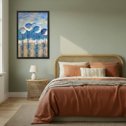 Woman holding large beach shorebirds watercolor canvas print — coastal wall art showing actual print size