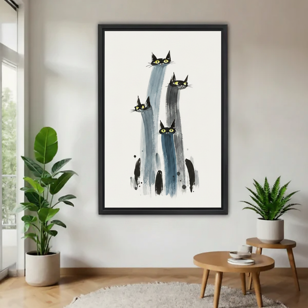 Abstract black cat watercolor framed wall art displayed in modern minimalist living room with indoor plants