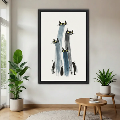 Abstract black cat watercolor framed wall art displayed in modern minimalist living room with indoor plants