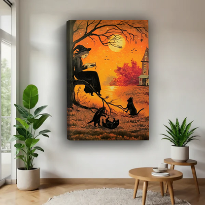 Framed gothic Halloween witch canvas wall art above a console, featuring a reading witch beneath an amber moon
