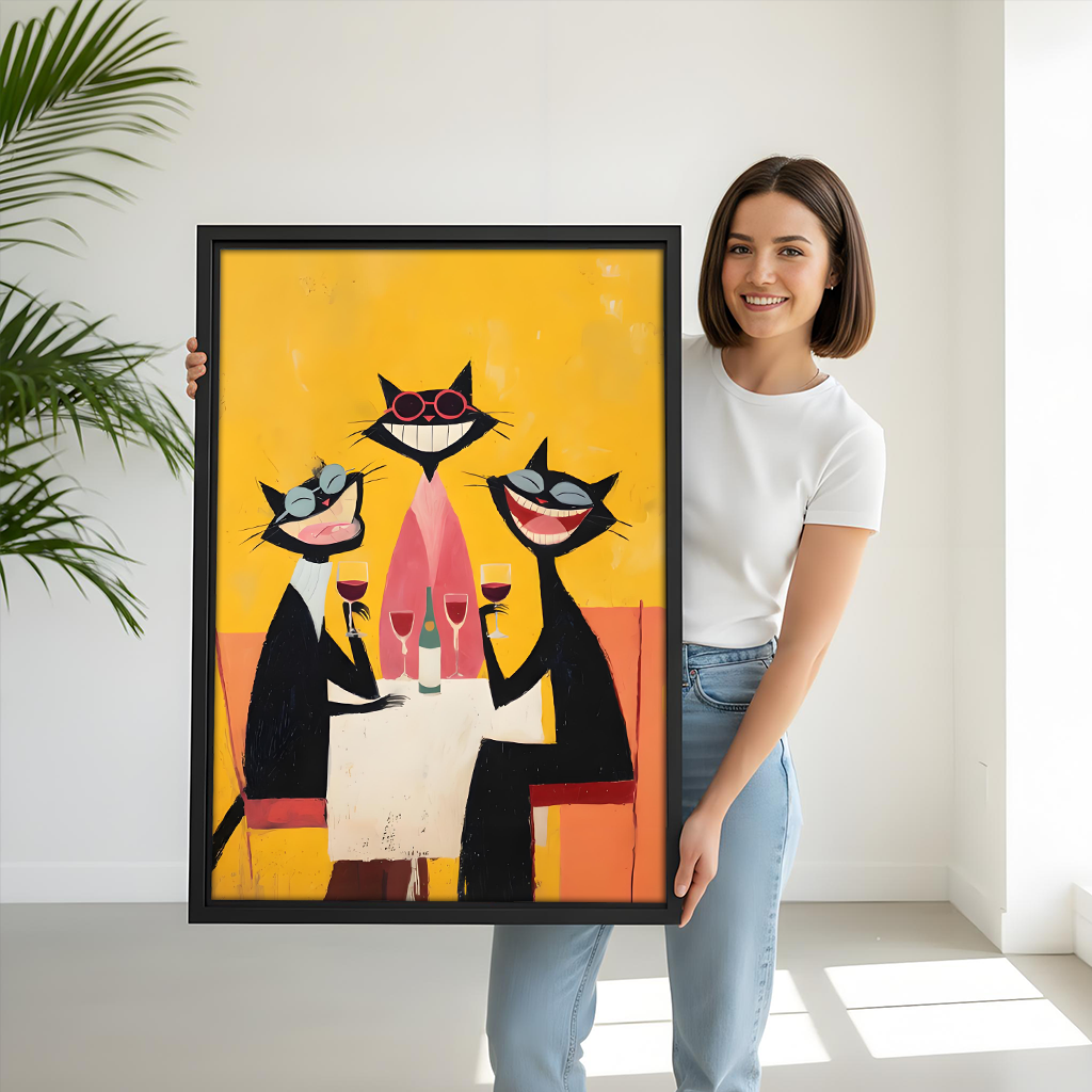 Retro cool cats wine party framed wall art print in dining room