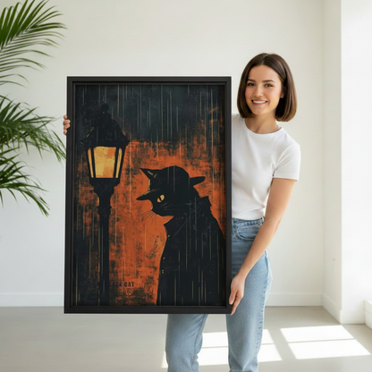 Noir black cat framed canvas art held by model — rainy night street lamp vintage print, large wall decor