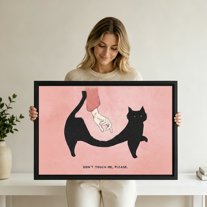 Woman holding large Don't Touch Me Please black cat framed canvas wall art — pink minimalist cat lover gift