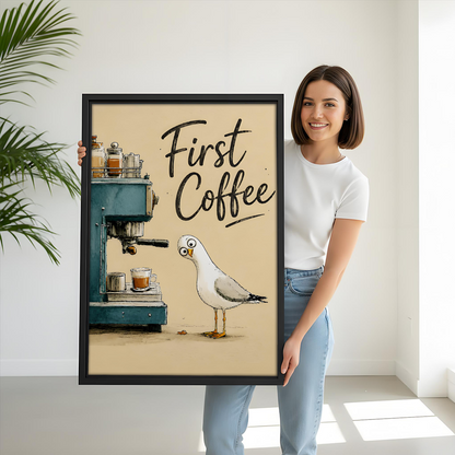 First Coffee Funny Seagull Framed Wall Art Print l2996