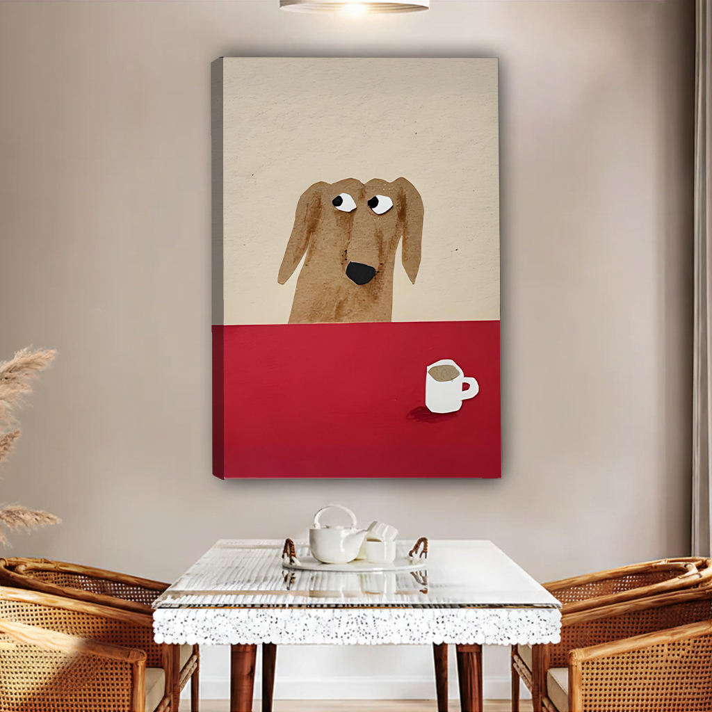 Quirky dachshund coffee minimalist gallery wrap canvas art without frame displayed above glass dining table with rattan chairs
