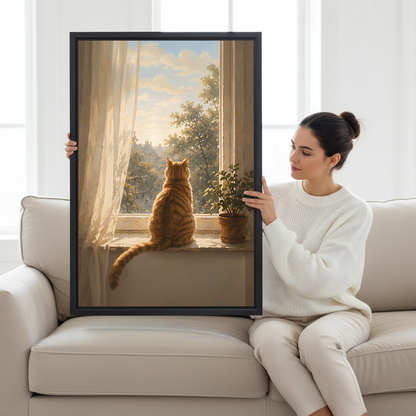 Woman holding sunny window cat framed canvas wall art print on white sofa
