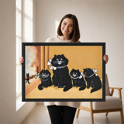 Woman holding vintage black cat family framed canvas print – retro whimsical wall art gift