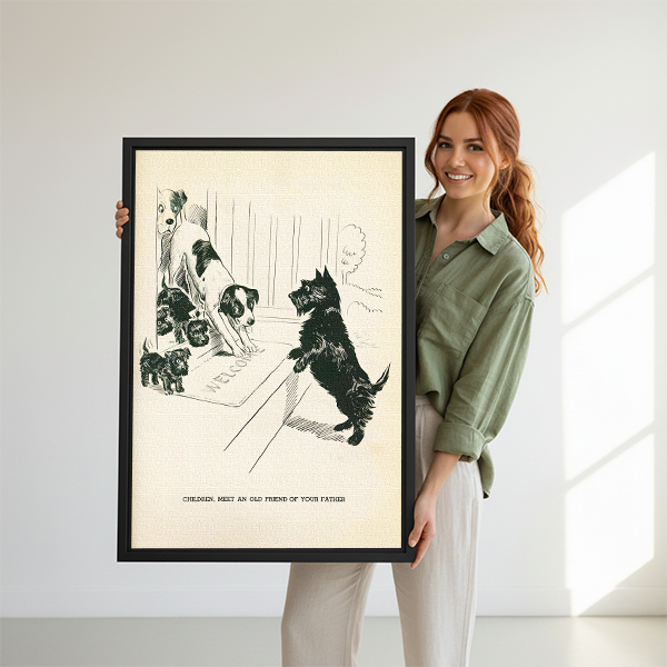 Woman holding a large framed vintage dog illustration print featuring a Scottish terrier and puppies at the door