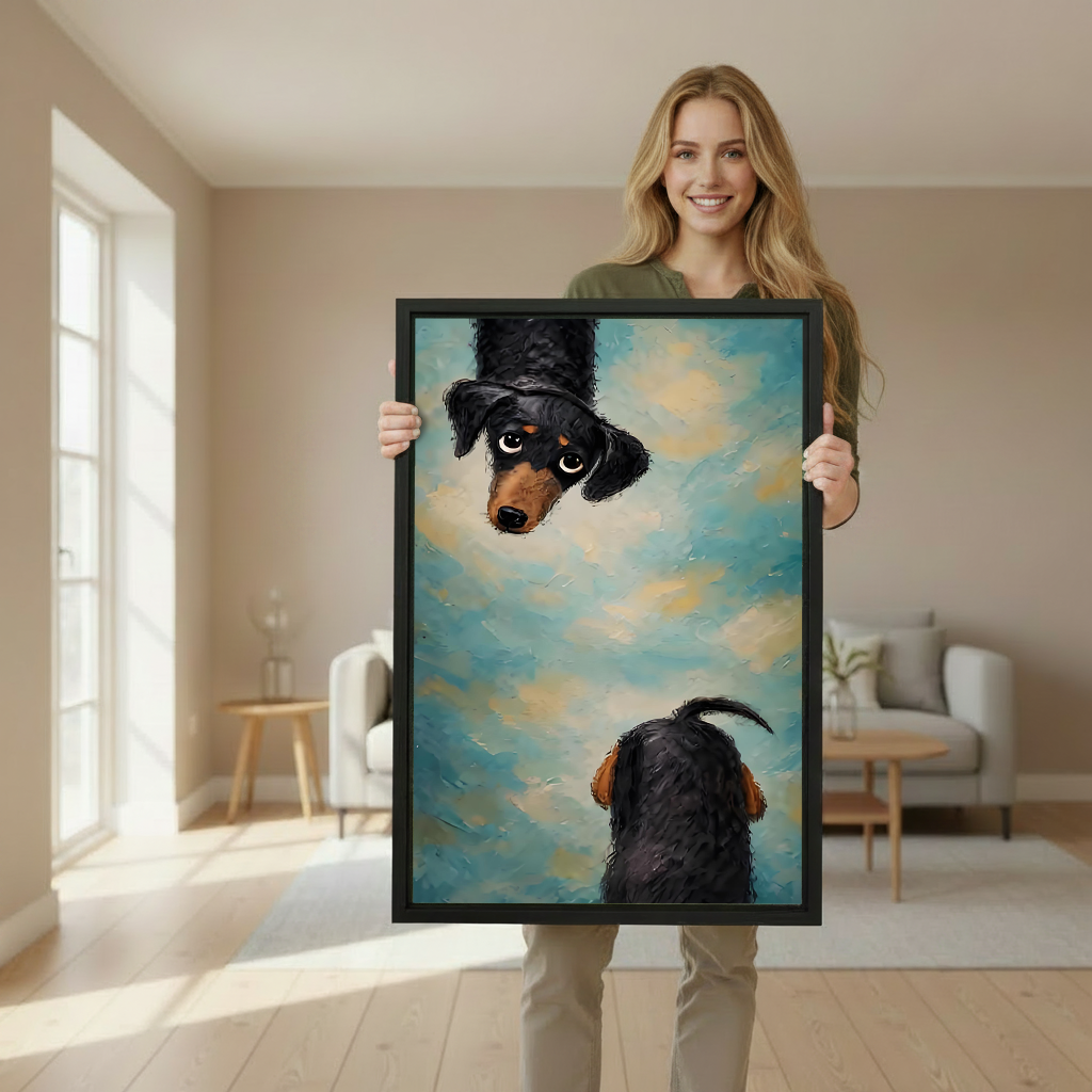 Woman holding large framed dachshund duo oil style canvas wall art