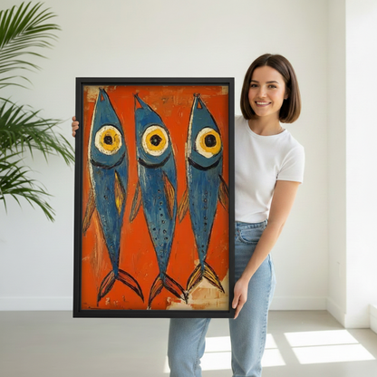 Woman holding large framed fish wall art canvas, bold orange and blue whimsical animal print