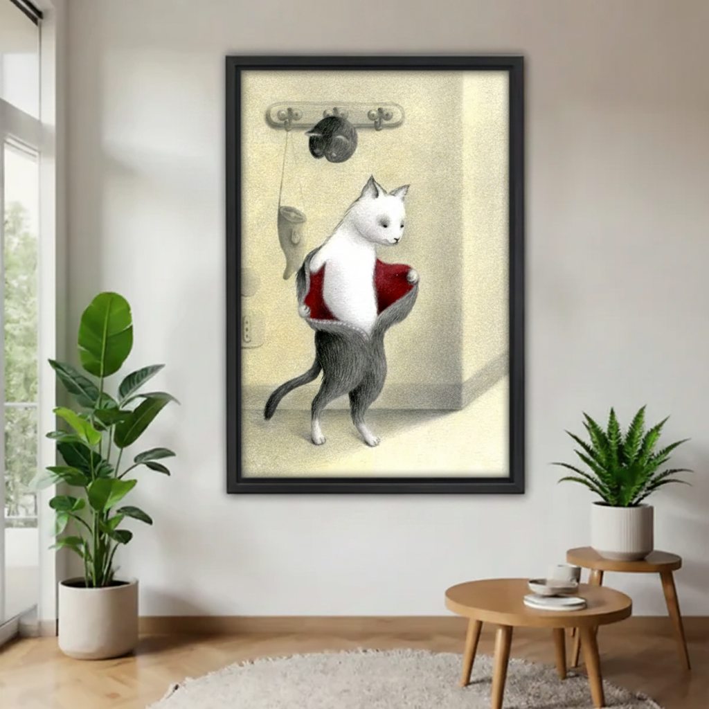 Vintage illustrated white cat wearing red vest framed wall art in modern entryway with indoor plants