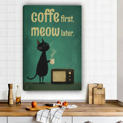 Black cat holding coffee cup retro radio coffee first meow later teal vintage float frame canvas wall art above wooden kitchen counter with cutting boards in contemporary kitchen