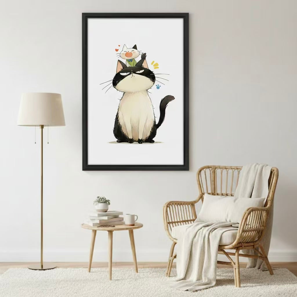 Cute grumpy cat kitten wall art print above sofa in modern living room, funny cat illustration decor