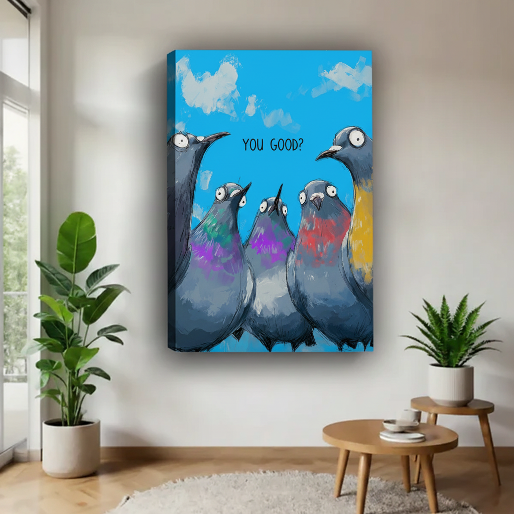 Whimsical pigeons "You Good?" canvas wall art, frameless gallery wrap, colorful funny bird illustration on bright blue sky, hung in a modern airy living room with tropical plants and round side table