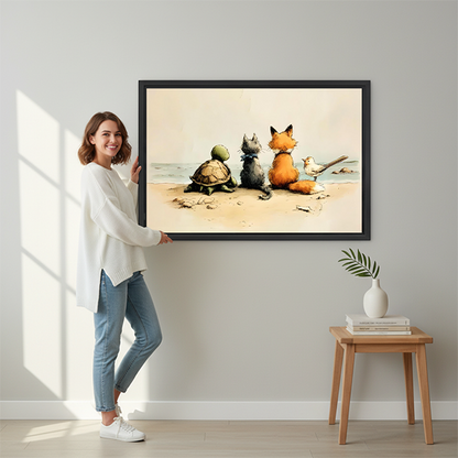 Smiling brunette woman in white sweater and jeans holding large turtle cat fox bird beach vintage illustration framed canvas print against light grey wall beside wooden stool with white vase and palm leaf