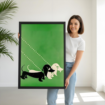 	Woman holding retro dachshund duo green framed art print – size reference wall decor