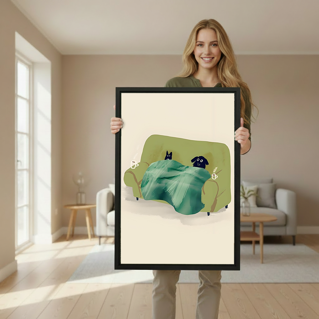 Framed cat dog sofa wall art held by model — cozy animal illustration home decor gift