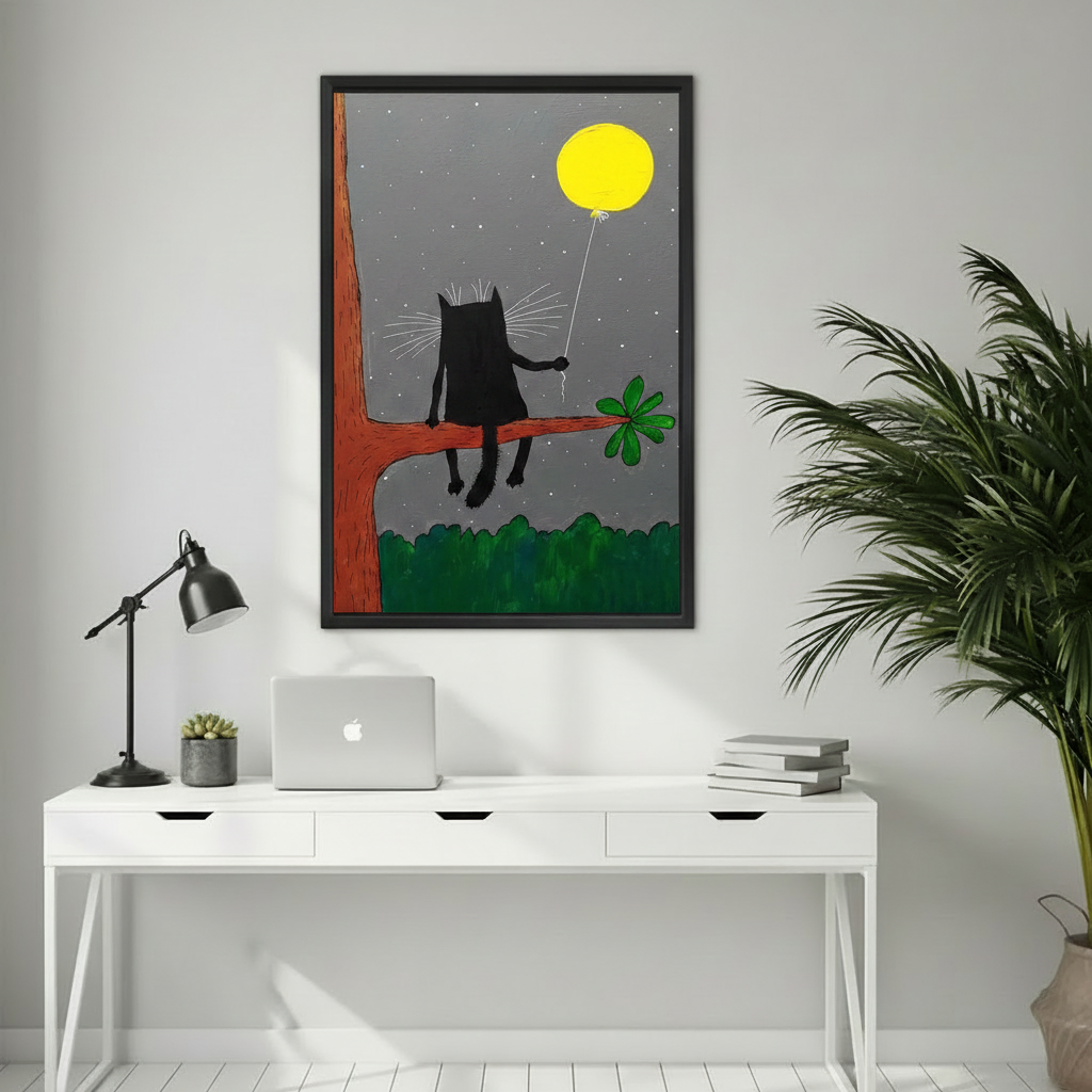 Whimsical cat wall art print, black cat with golden balloon under starry sky, premium framed canvas home decor