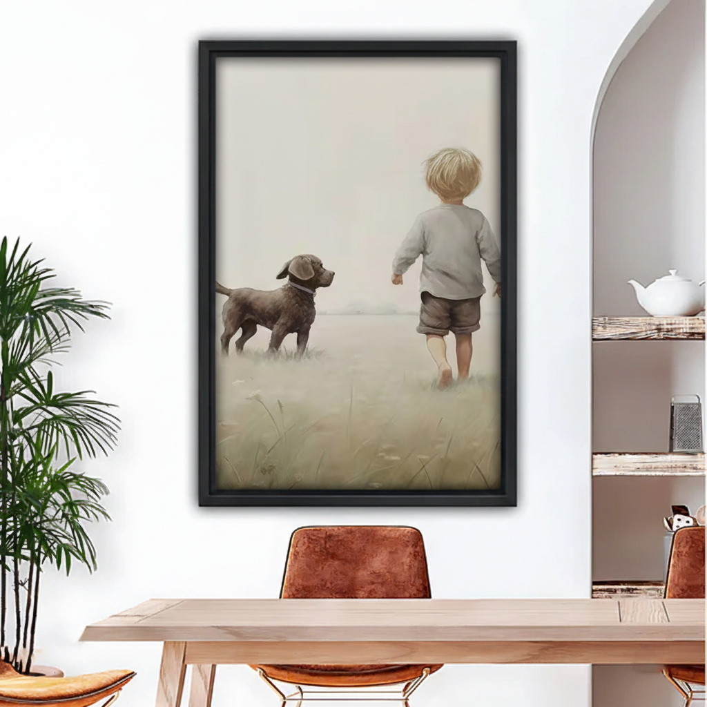 Nostalgic boy and Labrador dog vintage framed canvas art above dining table home decor