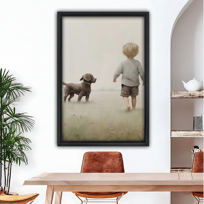 Nostalgic boy and Labrador dog vintage framed canvas art above dining table home decor