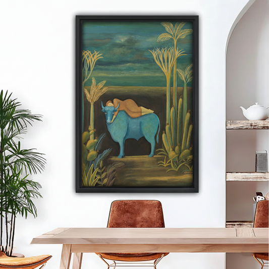 Surrealist blue bull framed art print hung in a modern dining room with arched doorway, moody teal folk painting wall decor