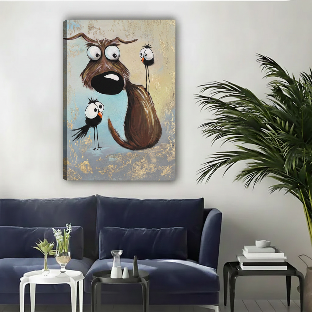Funny Dog & Birds Whimsical Canvas Wall Art l2021