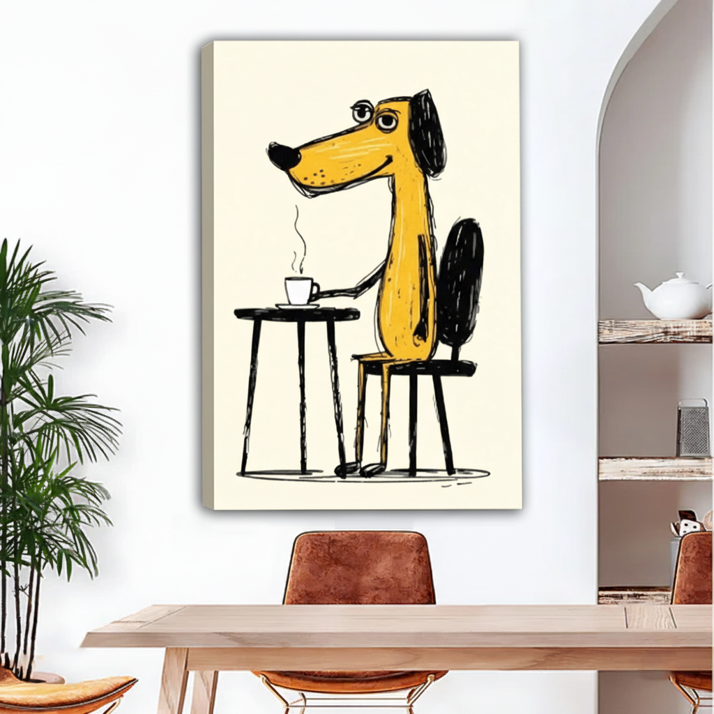 Gallery-wrapped dog coffee canvas print, quirky yellow cartoon dog at cafe table with steaming coffee cup in sketch style, frameless wall art for modern dining room