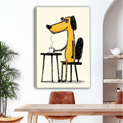 Gallery-wrapped dog coffee canvas print, quirky yellow cartoon dog at cafe table with steaming coffee cup in sketch style, frameless wall art for modern dining room