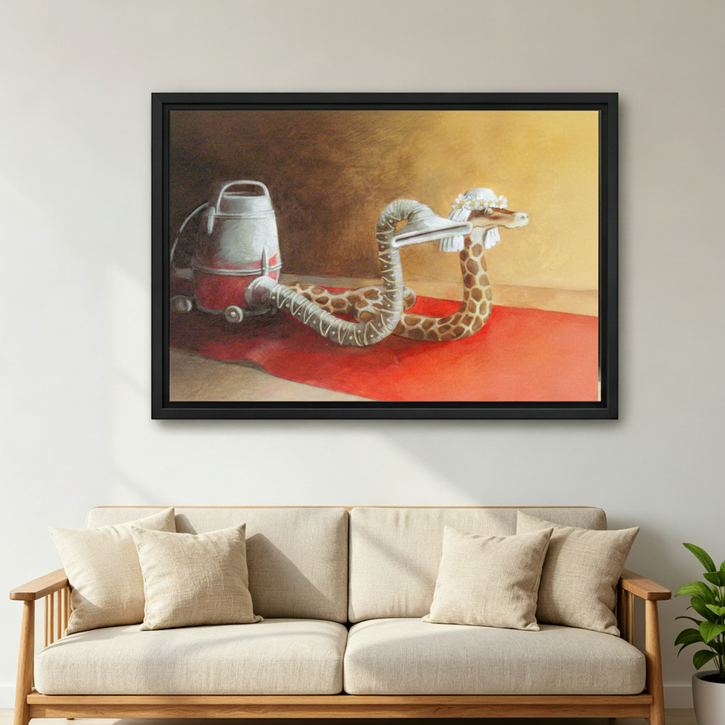 Funny surreal snake vacuum cleaner framed canvas wall art above beige sofa, quirky animal oil painting living room decor